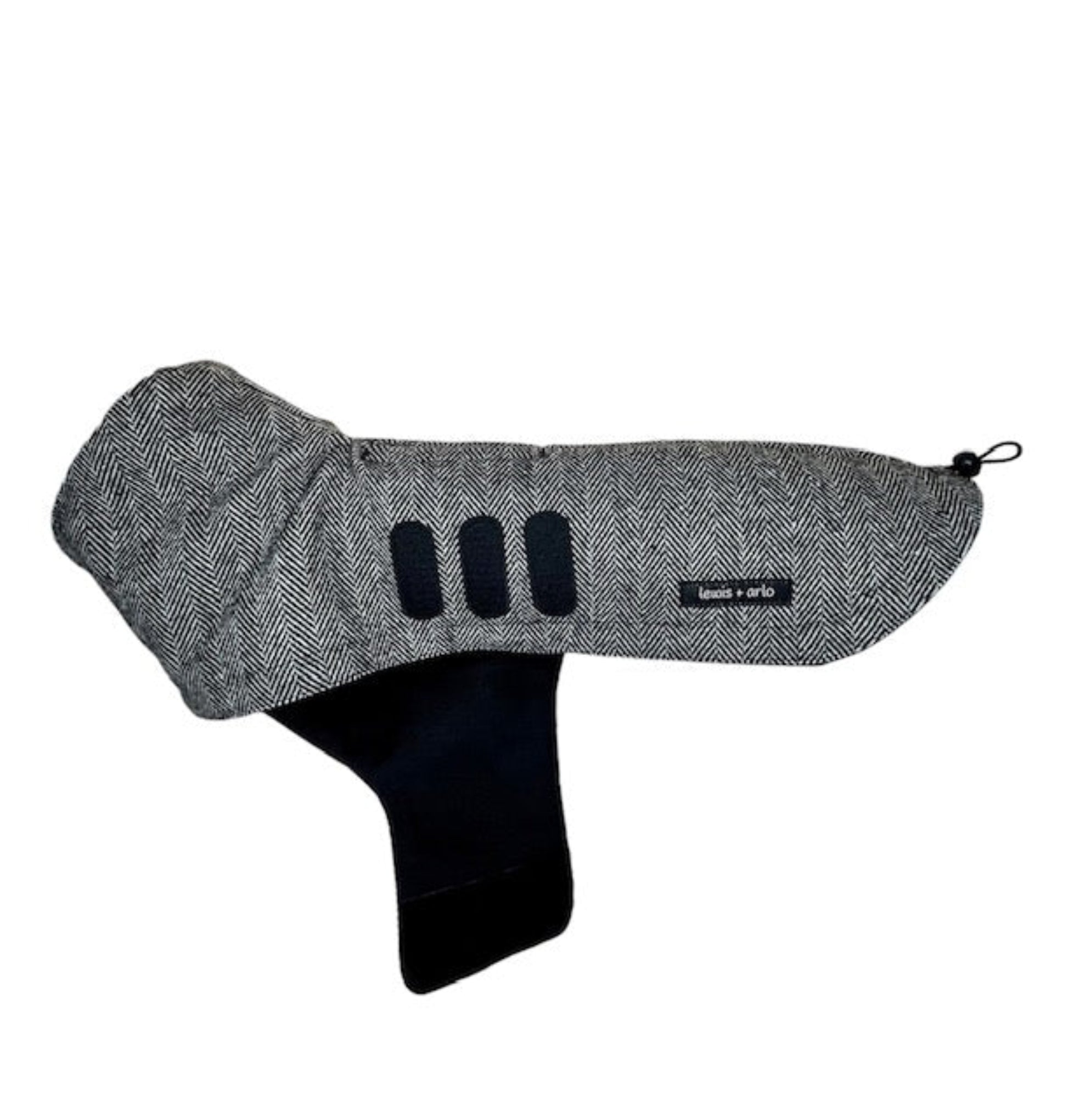 Side view of dachshund stylish and warm jacket in Tweed Herringbone with belly wrap open on the side