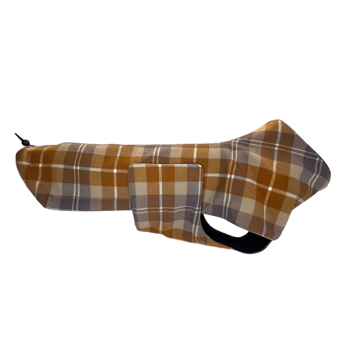 Right side view of dachshund jacket in Copper/Taupe Plaid