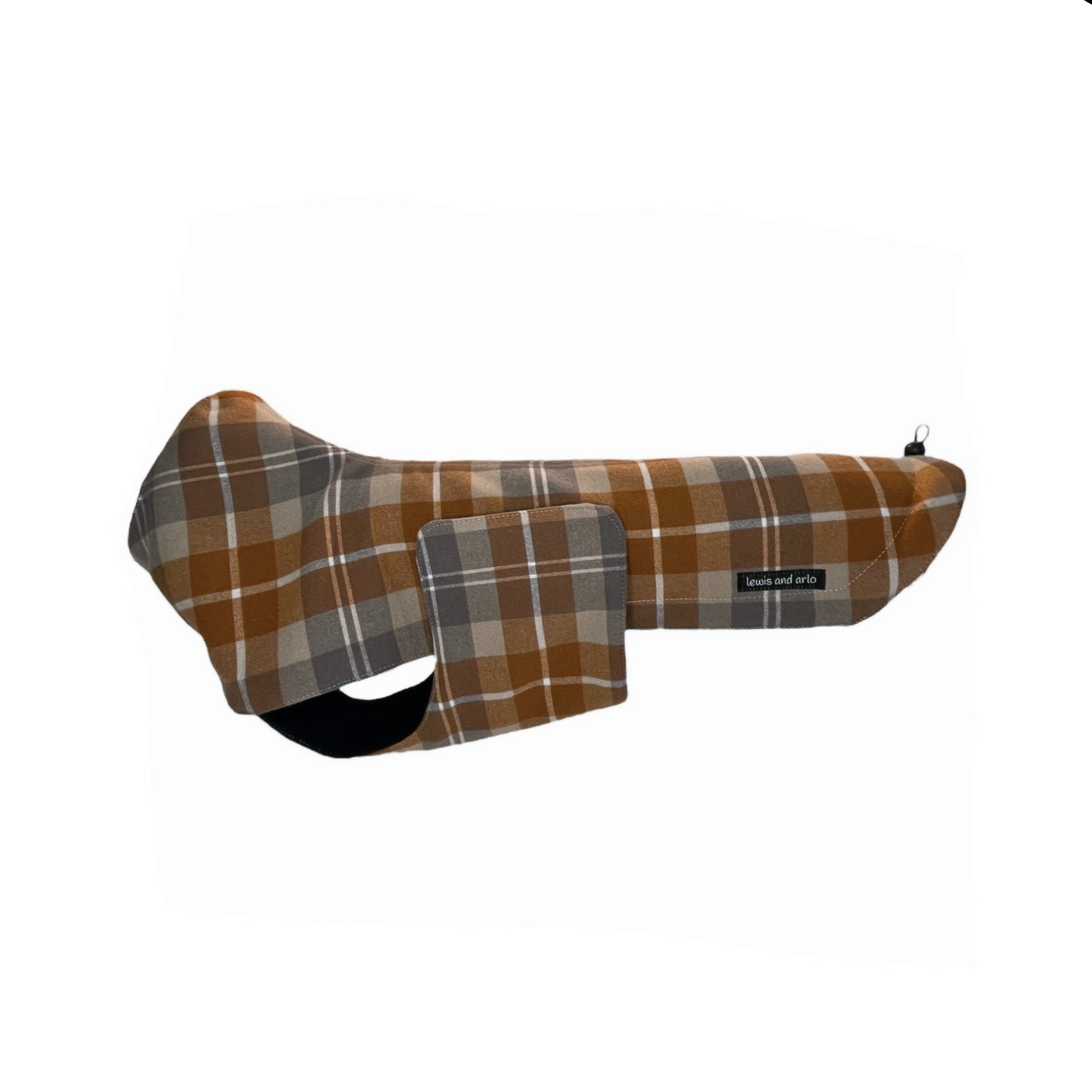 Side view of dachshund jacket in Copper/Taupe Plaid
