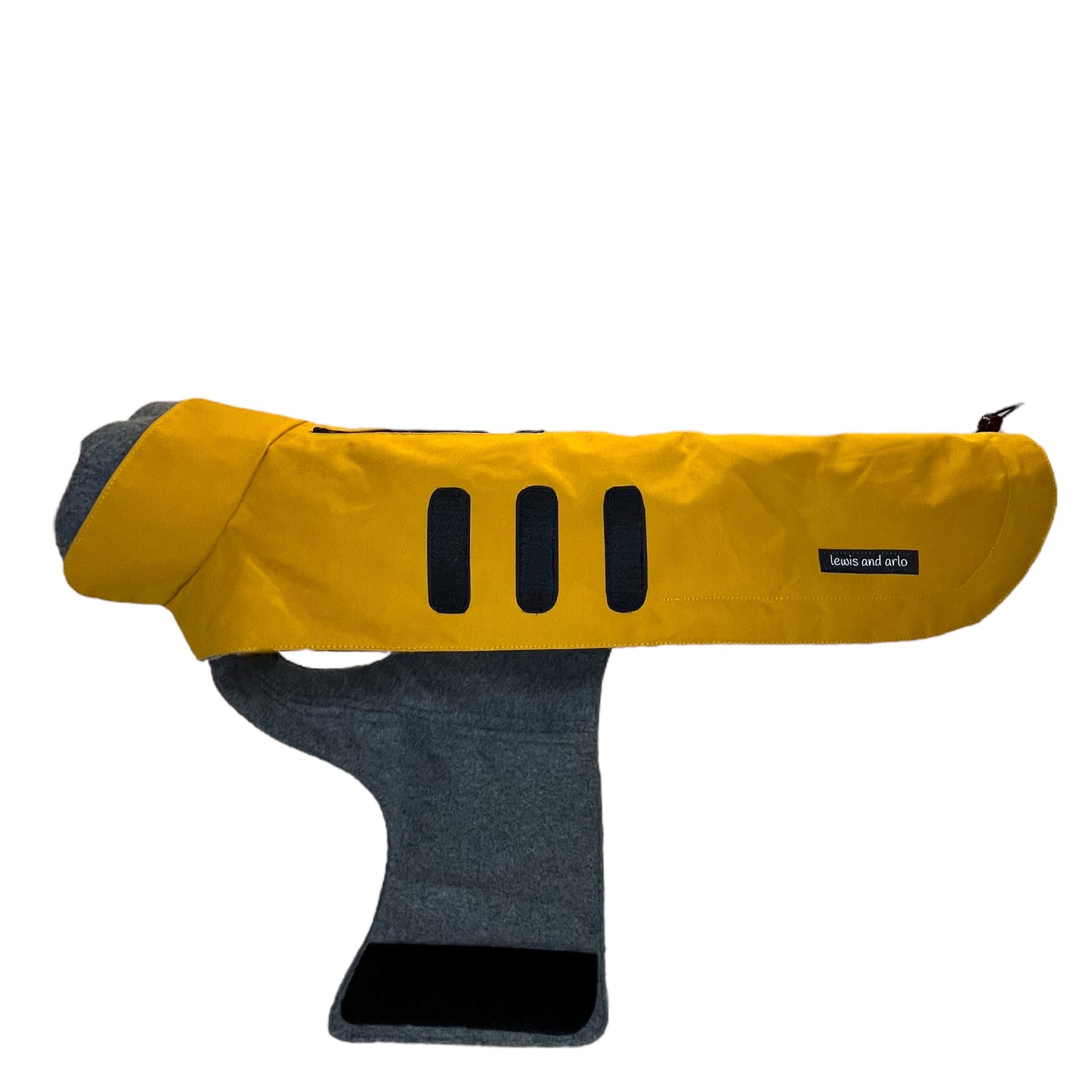 Side view of dachshund winter coat with the under belly wrap open,