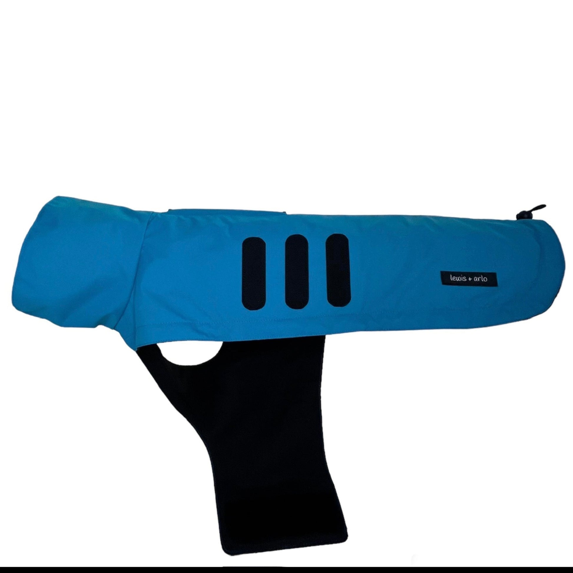 Side View of Dachshund Waterproof Raincoat in Teal with Belly Wrap Open on the Side