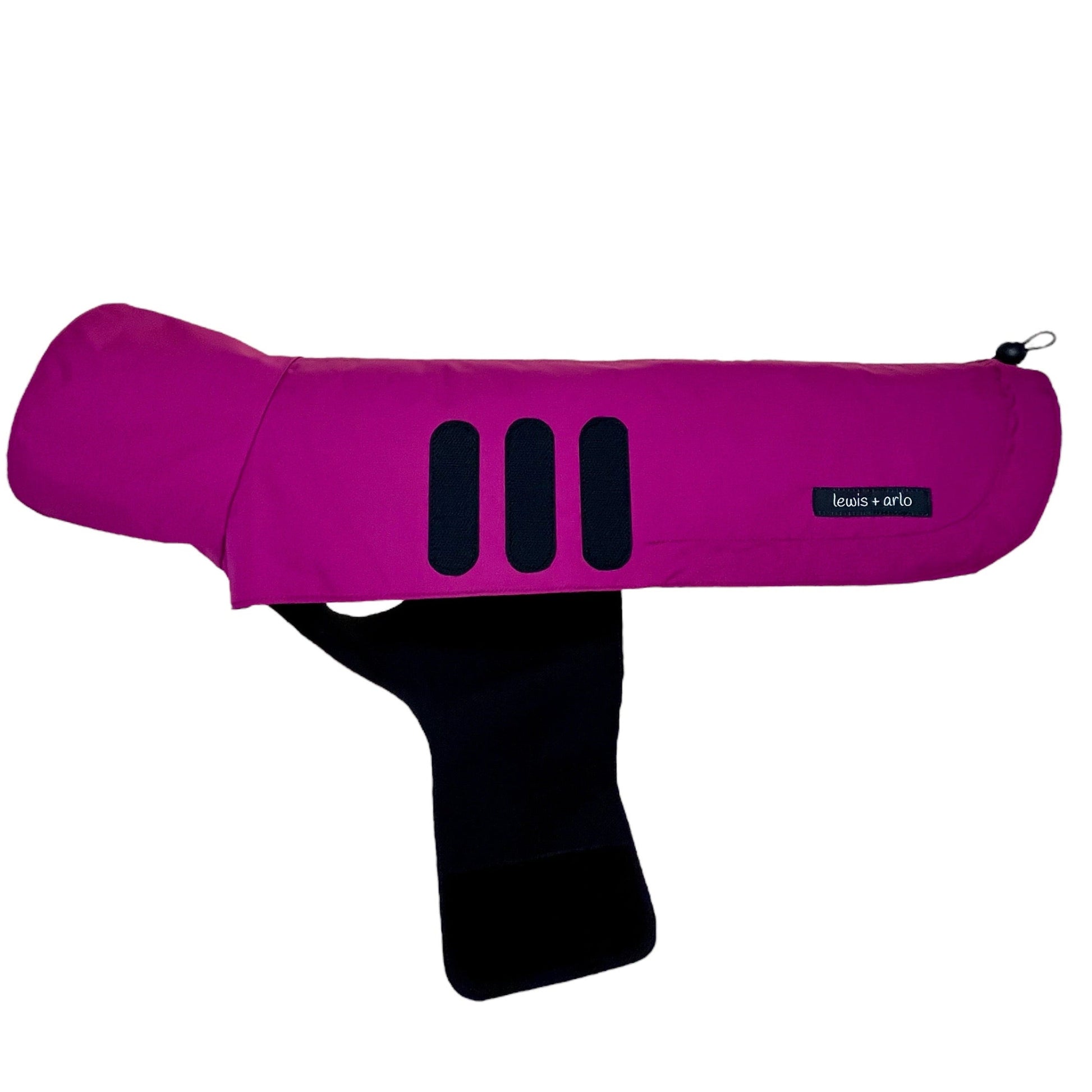 Side View of Dachshund Waterproof Raincoat in Magenta with Belly Wrap Open on the Side