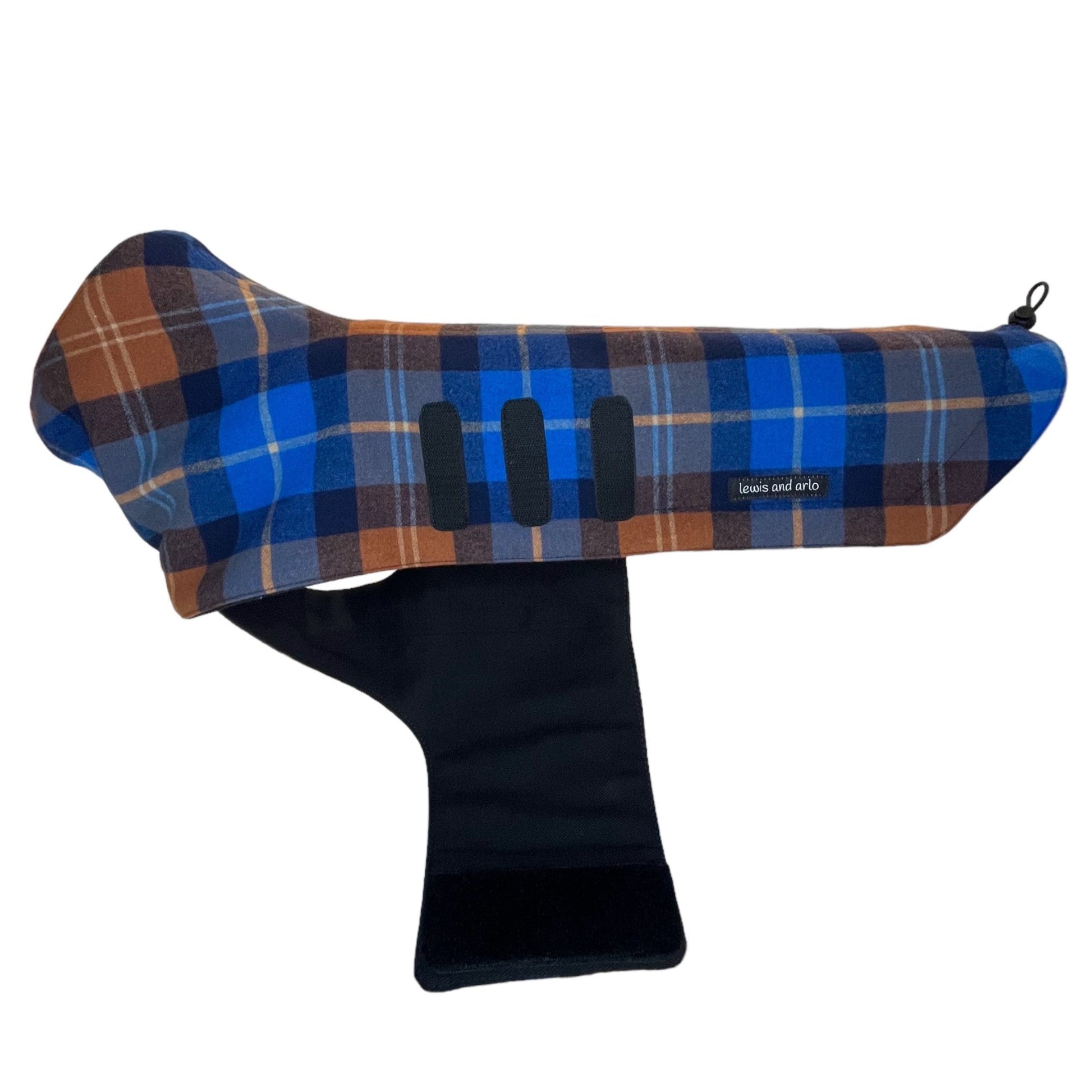 Side view of dachshund jacket in Cobalt/Navy Plaid with the belly wrap open on the side