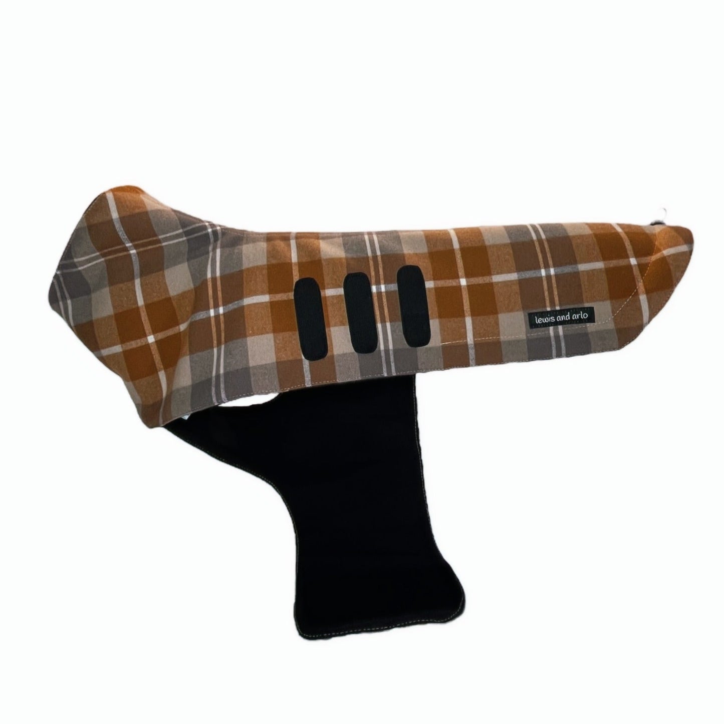 Side view of dachshund jacket in Copper/Taupe Plaid with one side of the belly wrap open