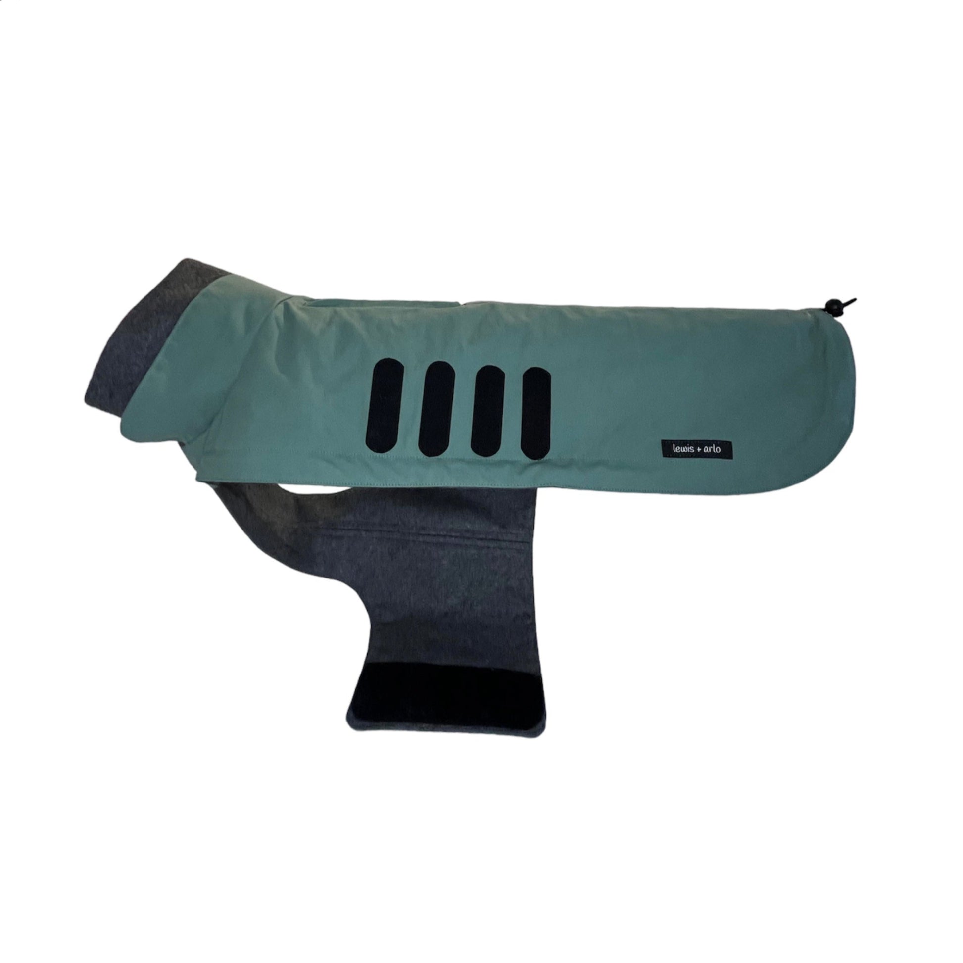 Side view of dachshund winter coat in Storm colour with belly wrap open