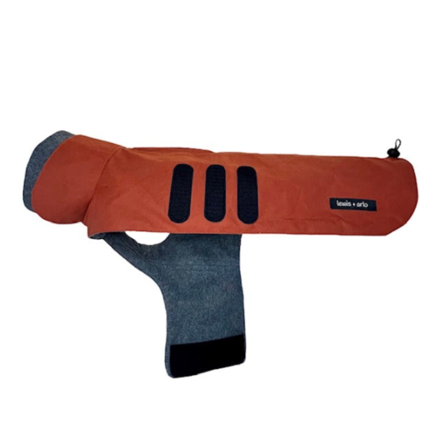 Side view of dachshund winter coat in rust colour with belly wrap open