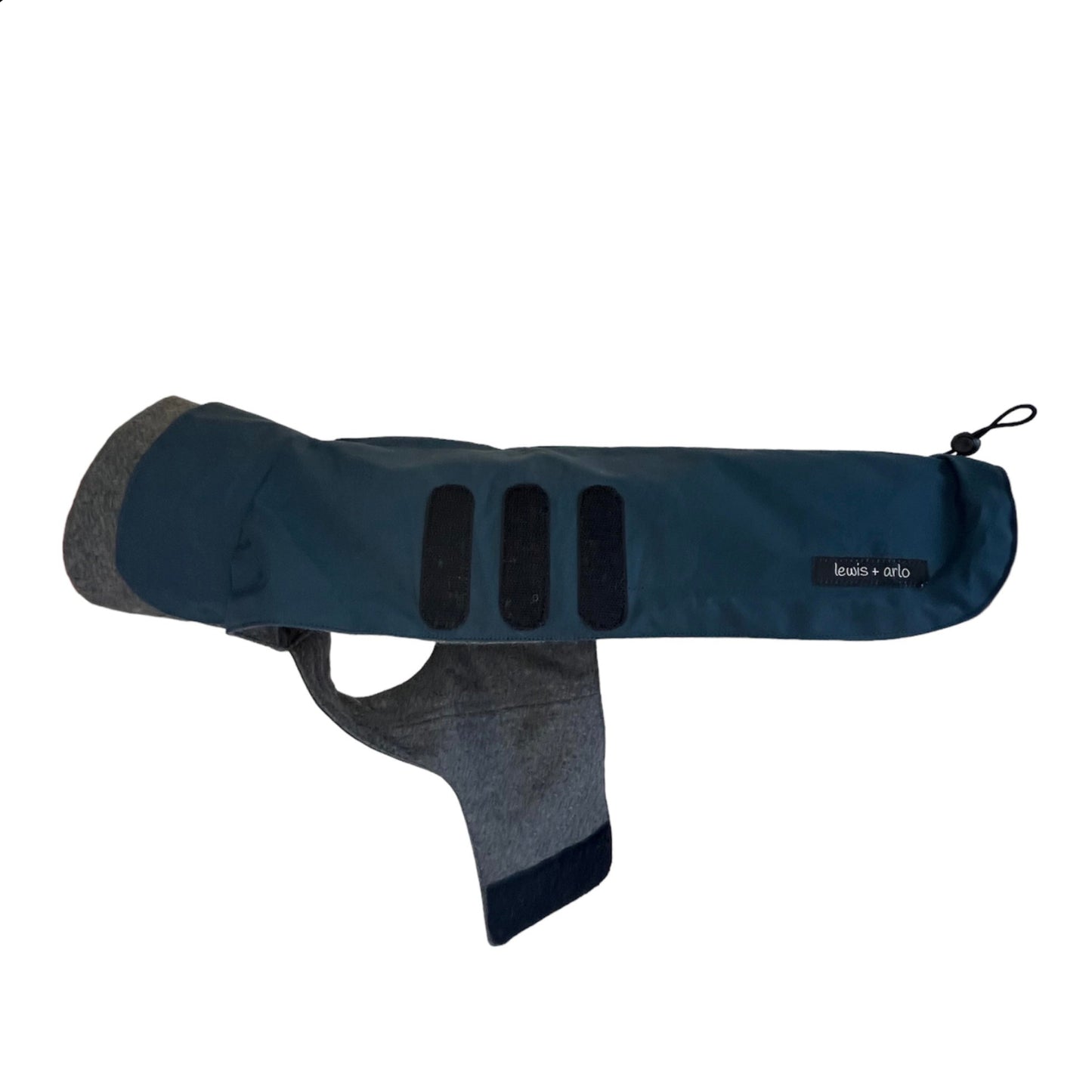 Side view of dachshund winter coat in midnight blue with belly wrap open.