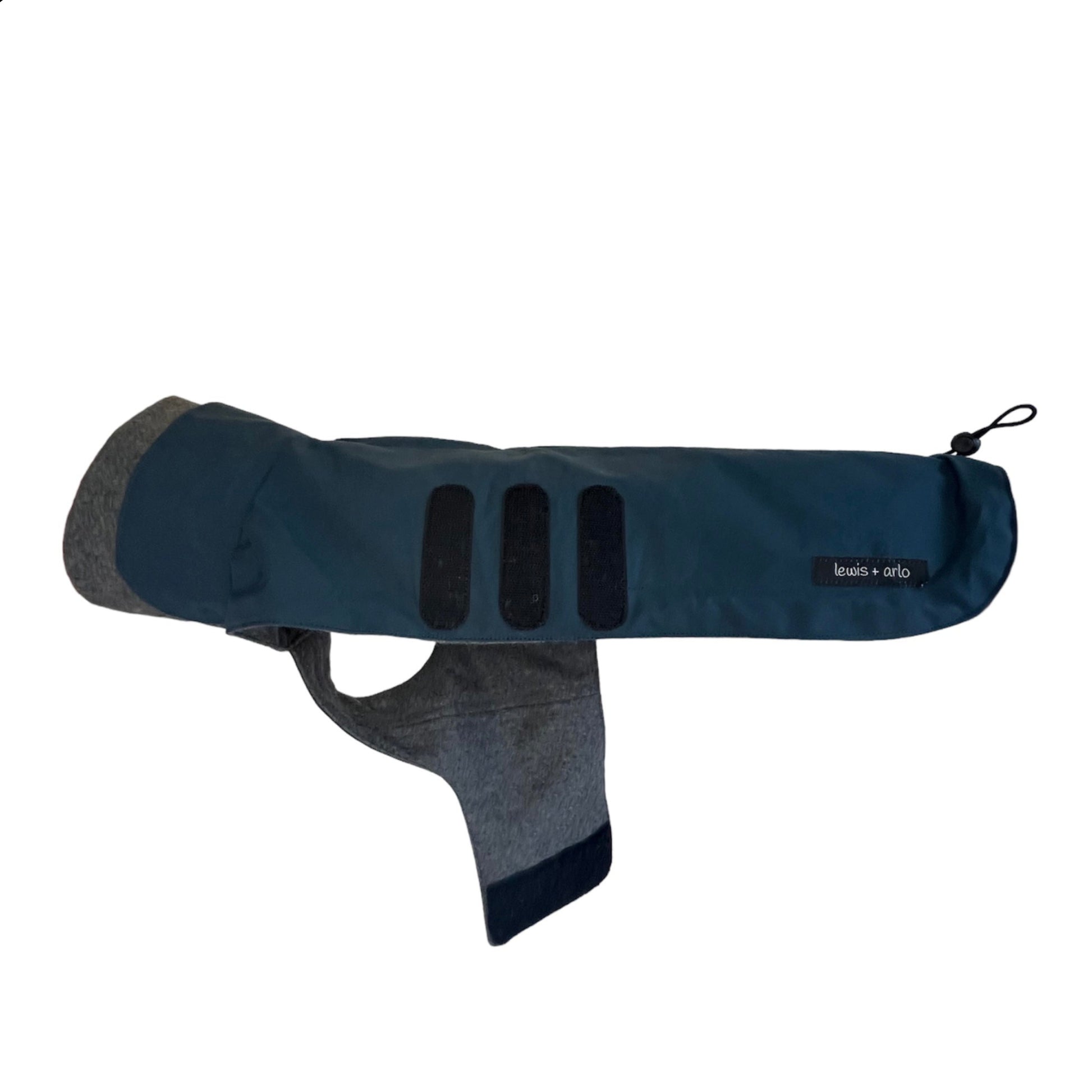 Side view of dachshund winter coat in midnight blue with belly wrap open.