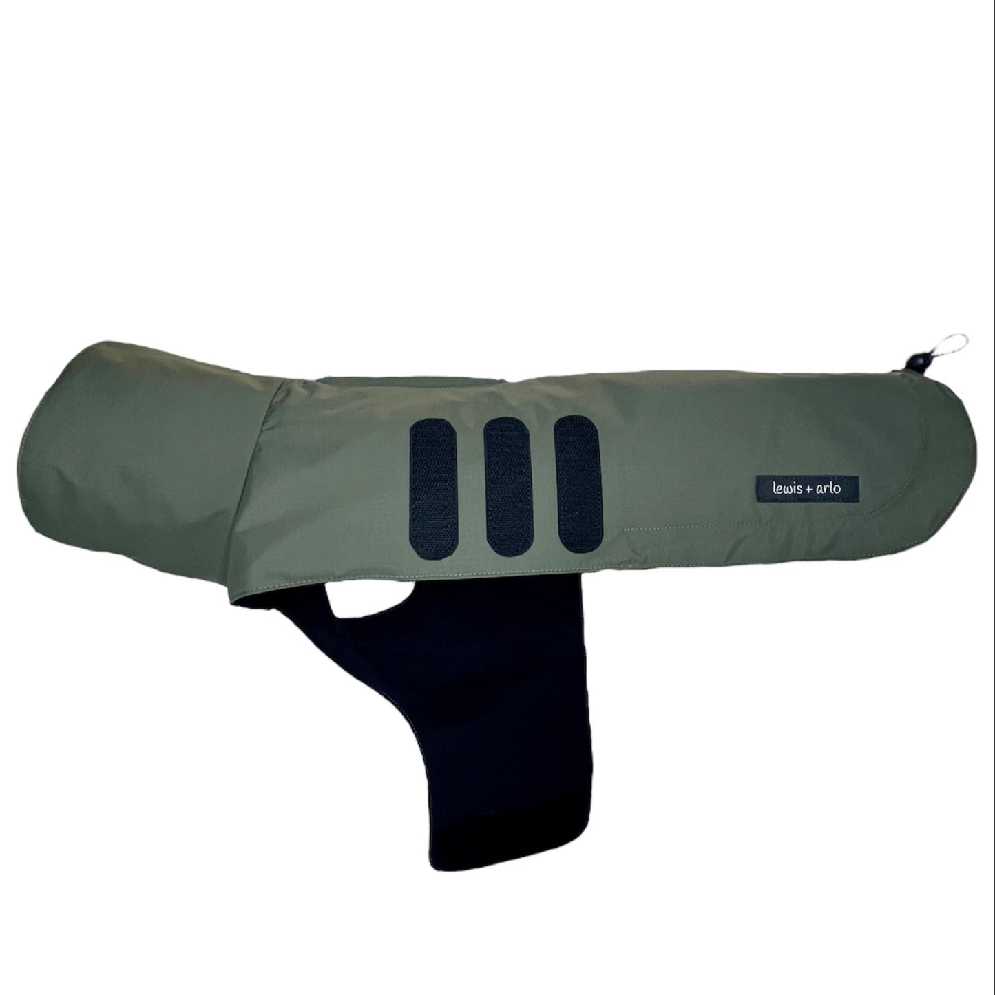 Side View of Dachshund Raincoat in Olive with an Open Belly Wrap on the Side