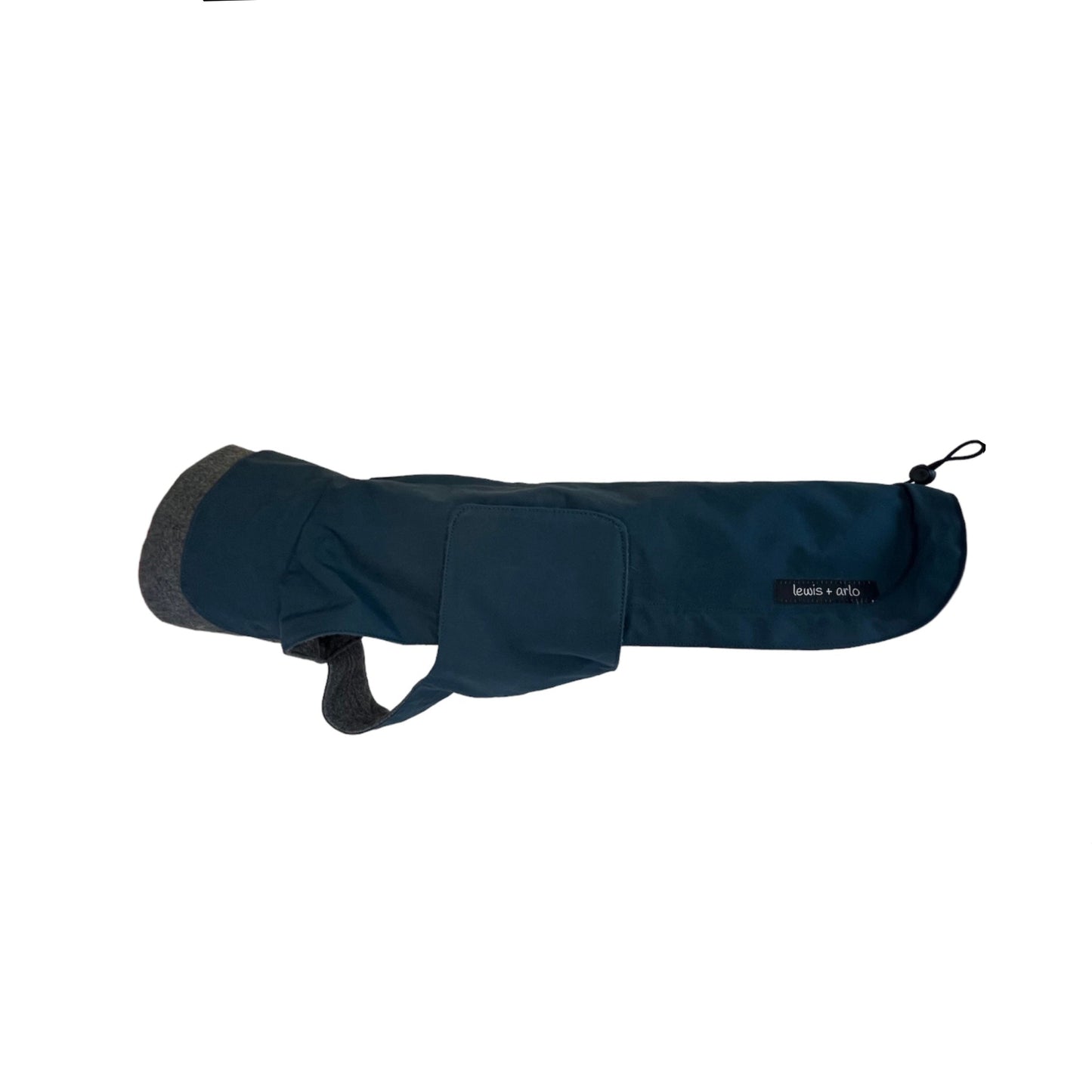 Side view of dachshund winter coat in midnight blue colour