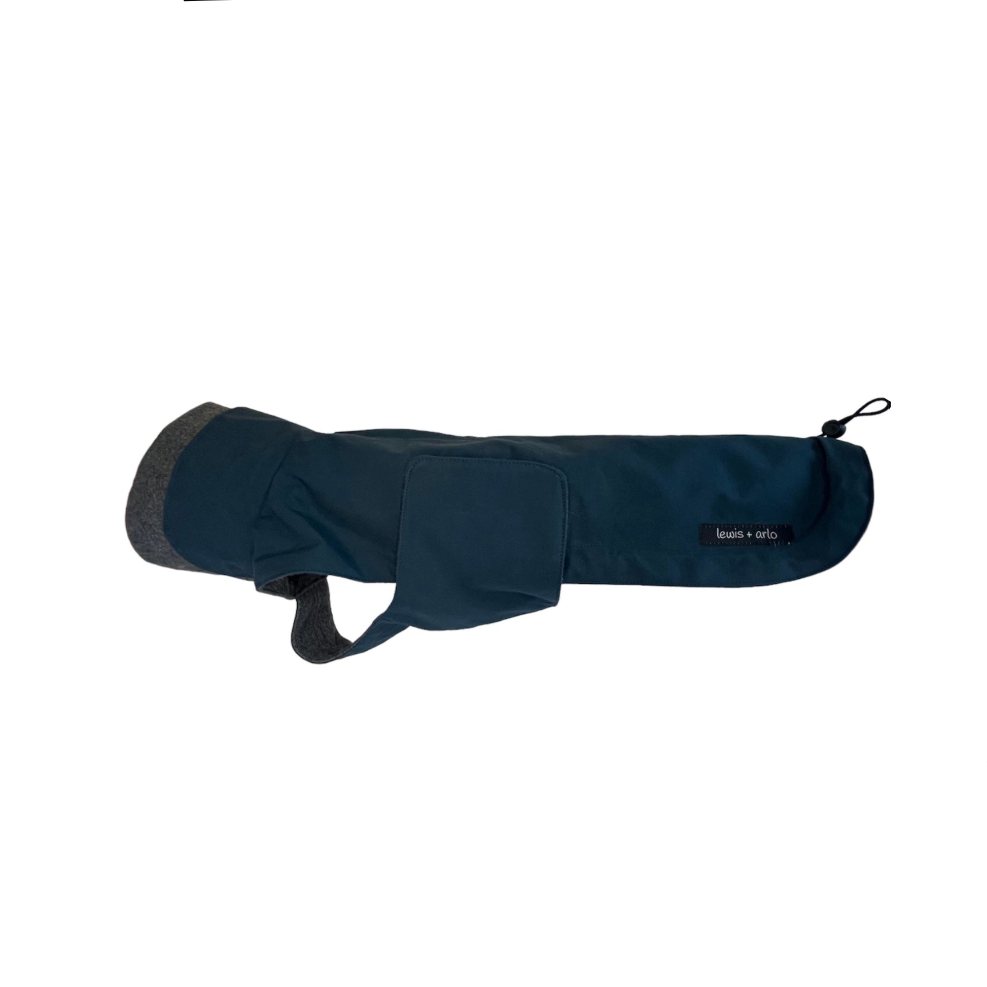 Side view of dachshund winter coat in midnight blue colour