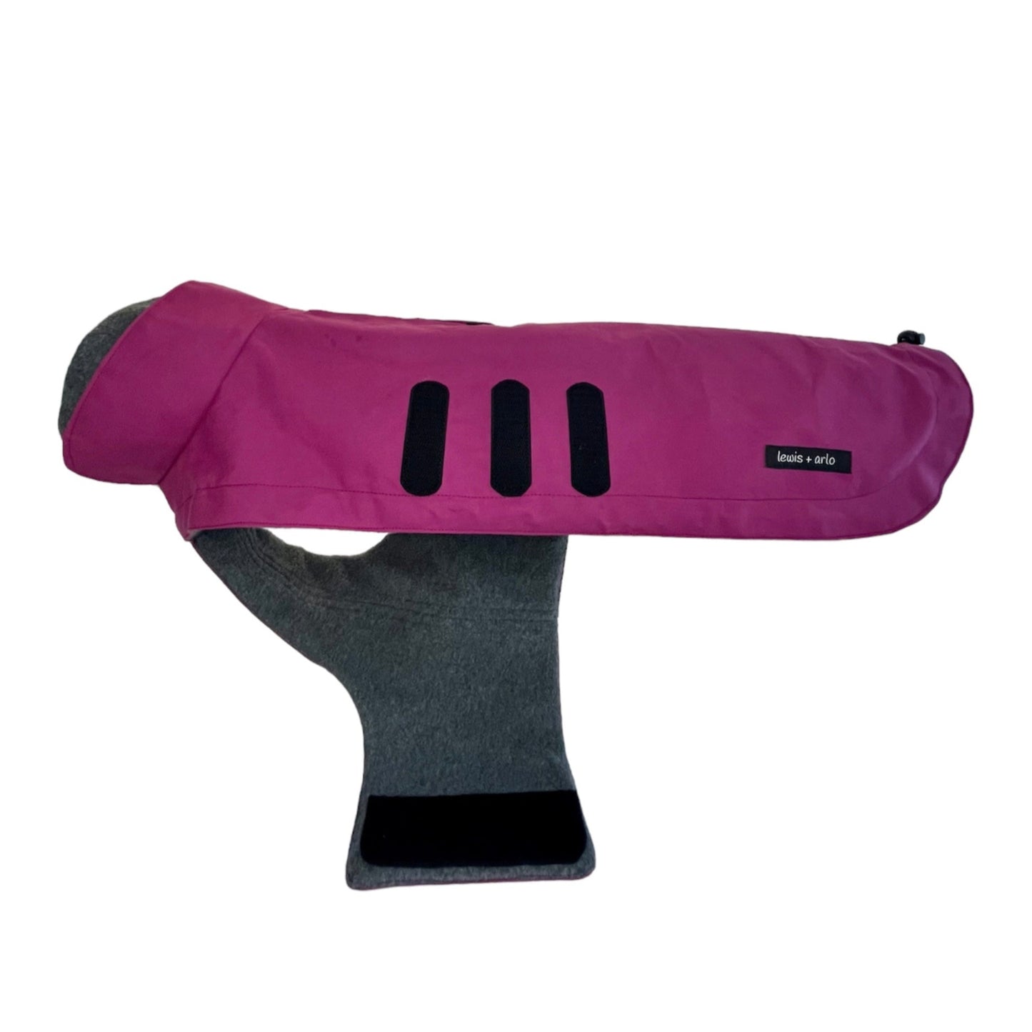 Side view of dachshund winter coat in Magenta colour with the belly wrap open