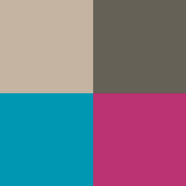 Four colour swatches sand beige, olive green, teal blue, and magenta pink.
