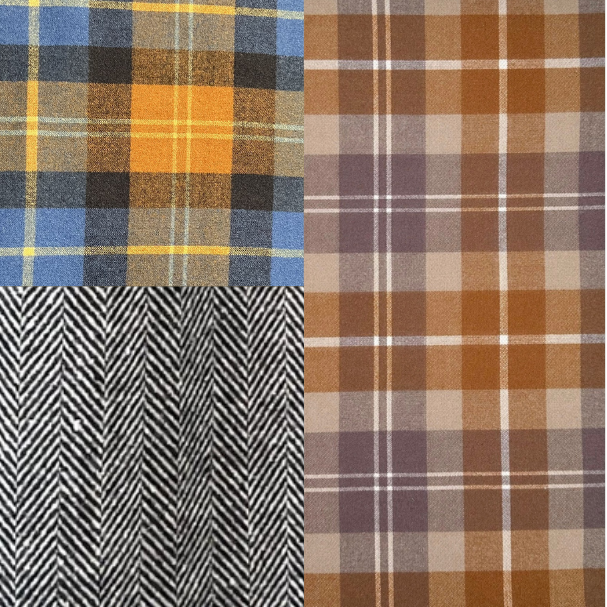 Two plaid fabric swatches and one tweed herringbone black and white fabric swatch.